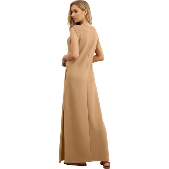 Grecerelle Women Camel Round Neck Loose Split Wrinkle-Free Long Maxi Dress - Picture 5 of 6